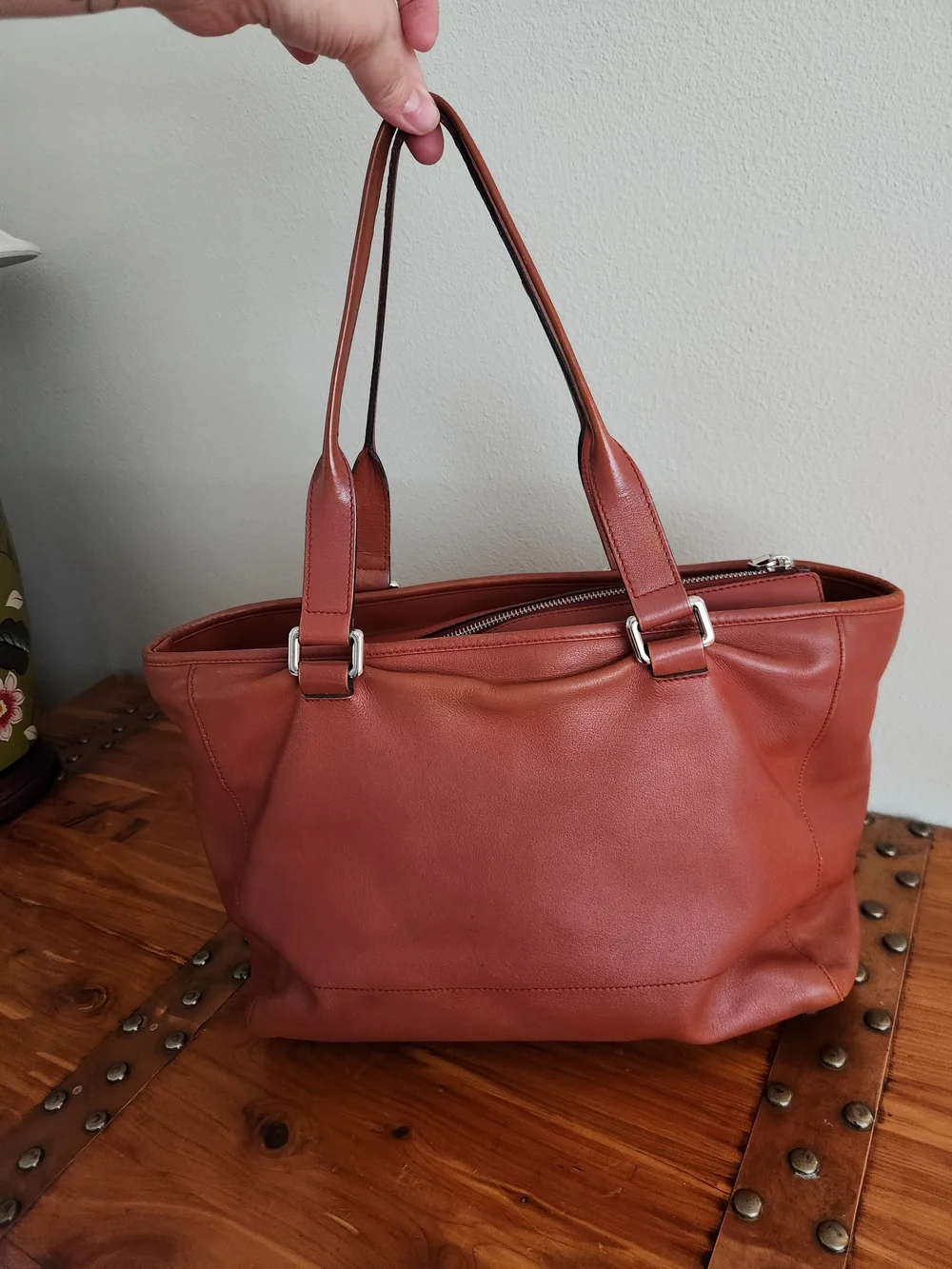 Leather Tote Handbag in Cognac Brown - Brand: